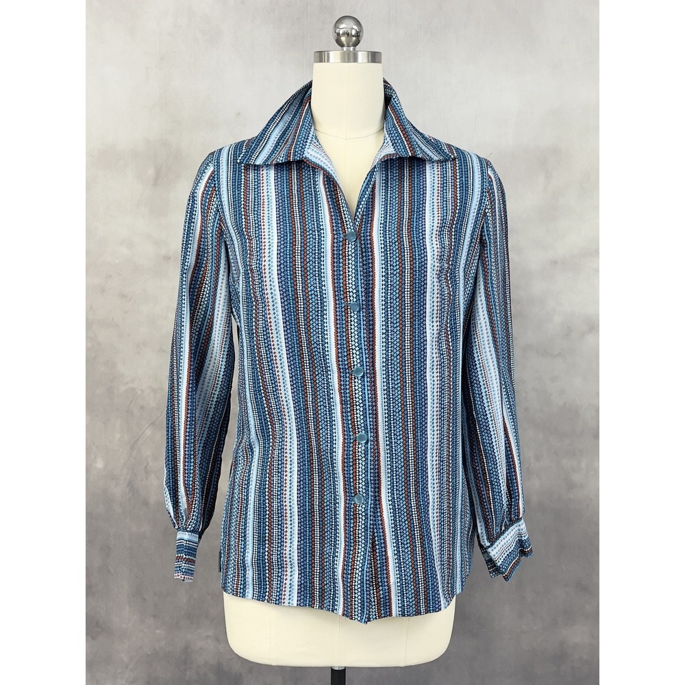 Vintage Pykettes Button Down Shirt Womens Medium Blue Striped Geometric 70s‎ Mod